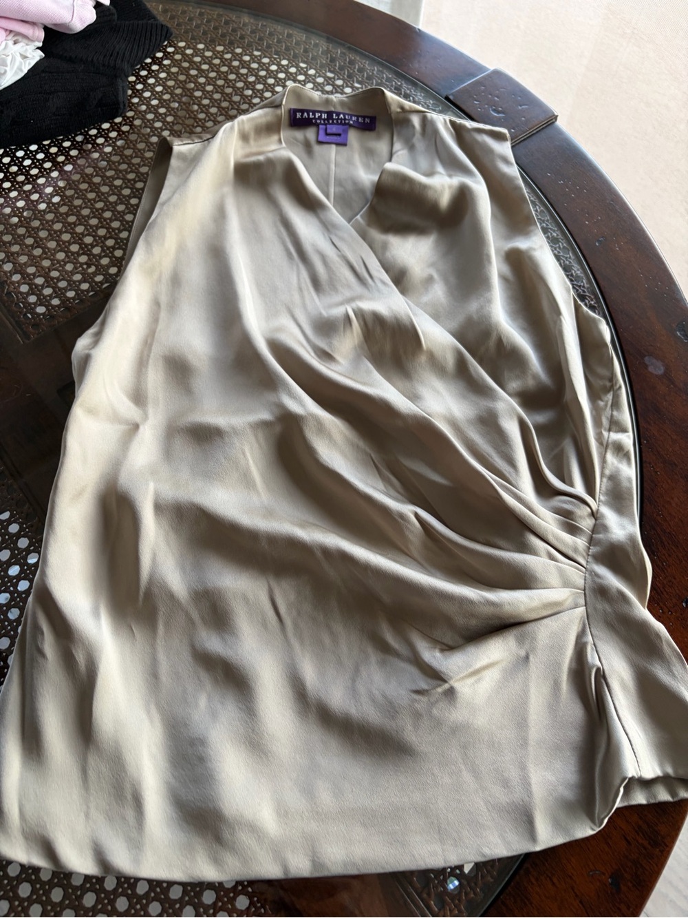 Ralph Lauren Purple Label Sleeveless Silk Wrap-Style Blouse in Taupe - Picture 4 of 5